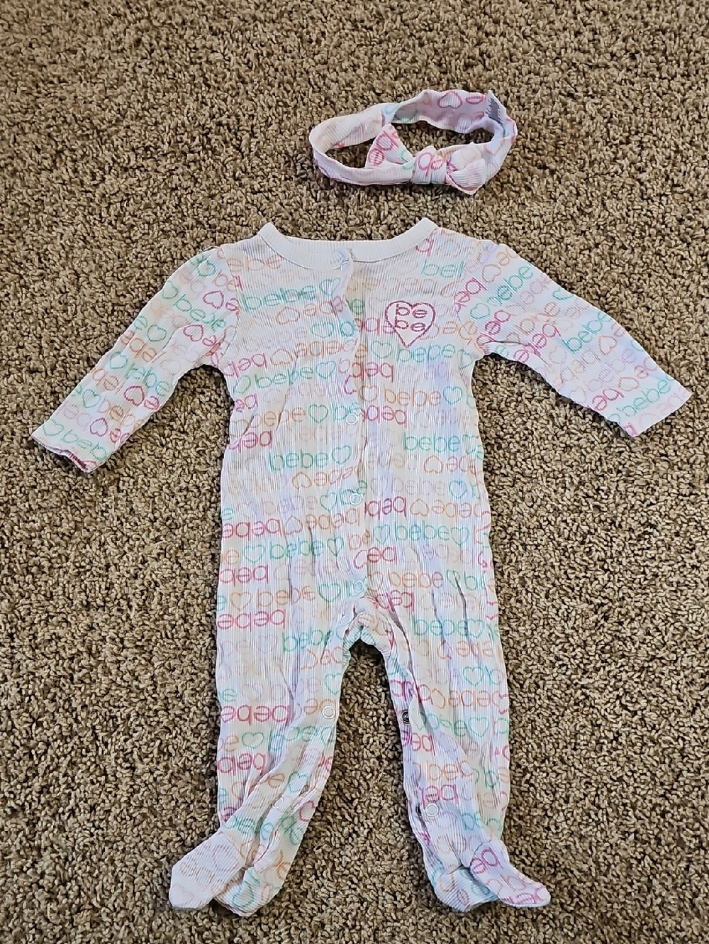 bebe Multicolor Logo Ribbed Footed One-Piece with Headband